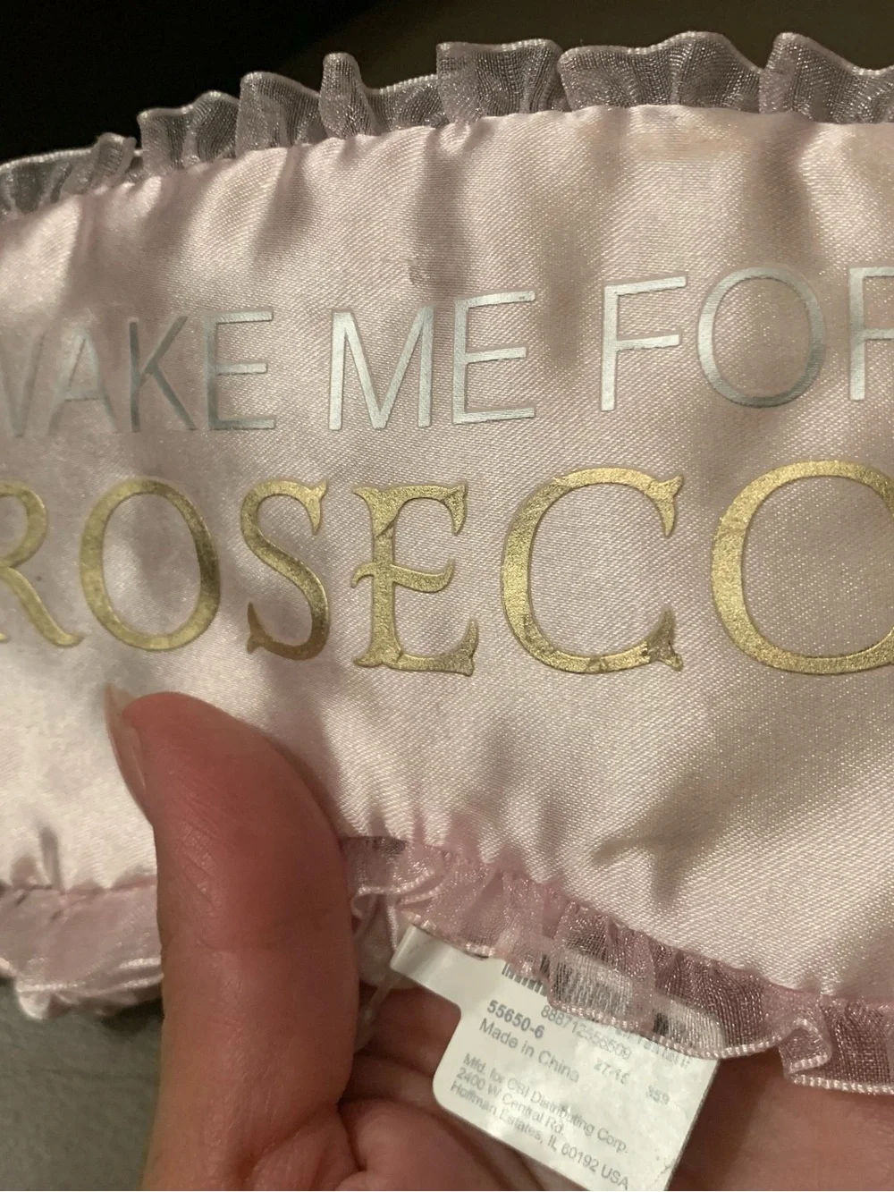 Icing Pink Satin 'Wake Me For Prosecco' Sleep Mask with Gold Lettering